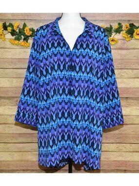 Catherines Plus 3X 26W 28W Half Button 3/4 Sleeve Blouse Top Purple Blue Print